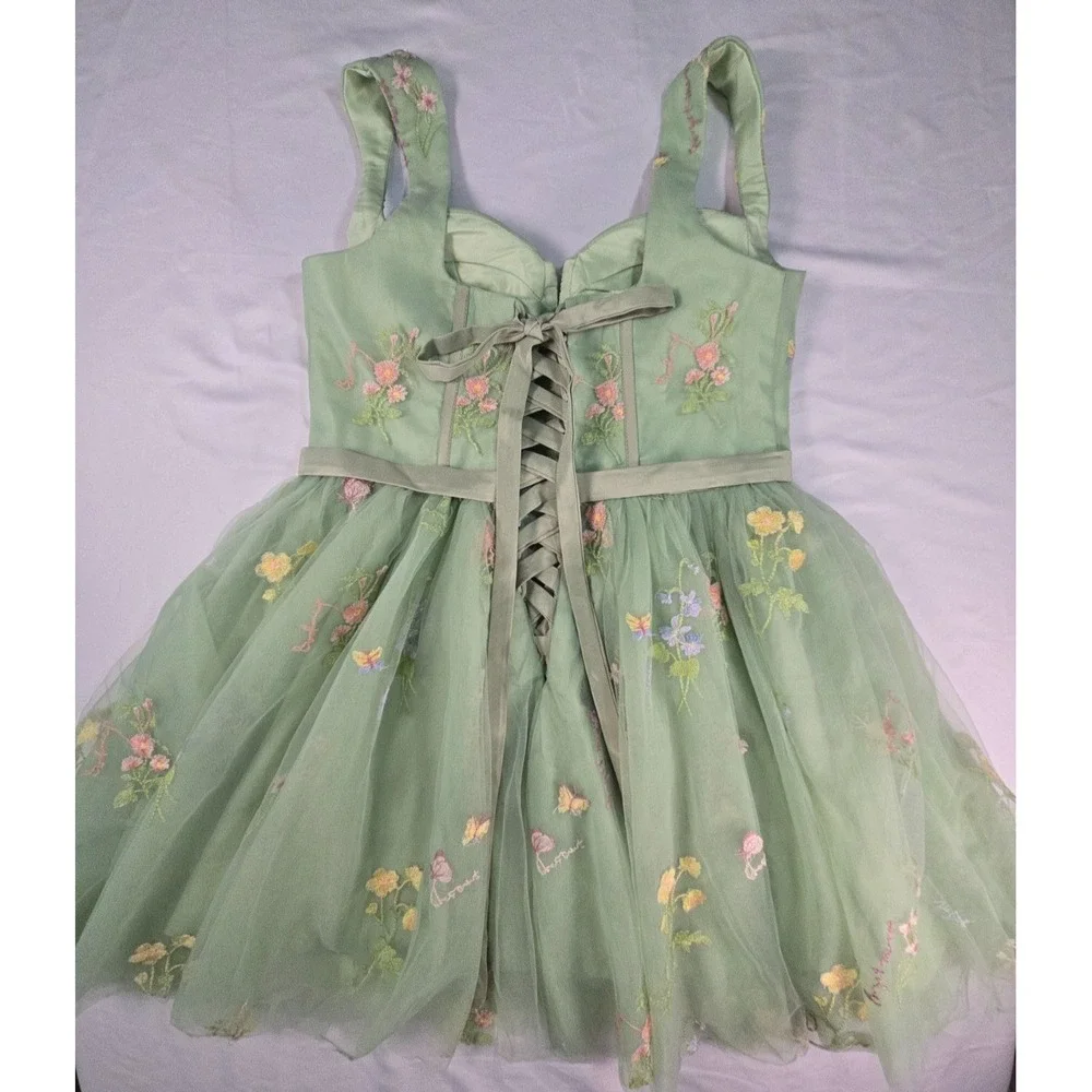Sage Green Embroidered Floral Tulle Corset Homecoming Dress Size 16 Fairycore
